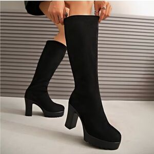 Black Stretchy Platform High Heel Pull On Under The Knee Boots Size 10 NWT